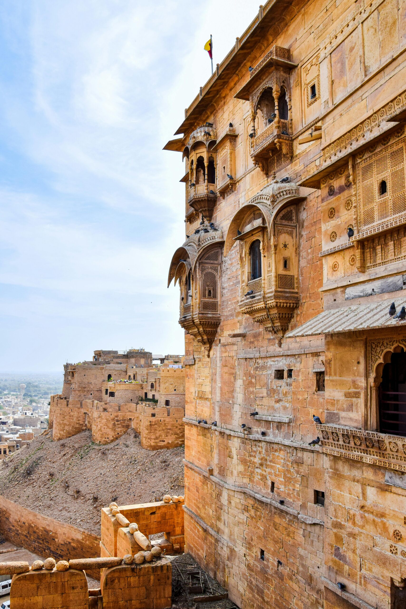 Stunning view of ancient fort architecture in Jaisalmer, showcasing intricate stone carvings.